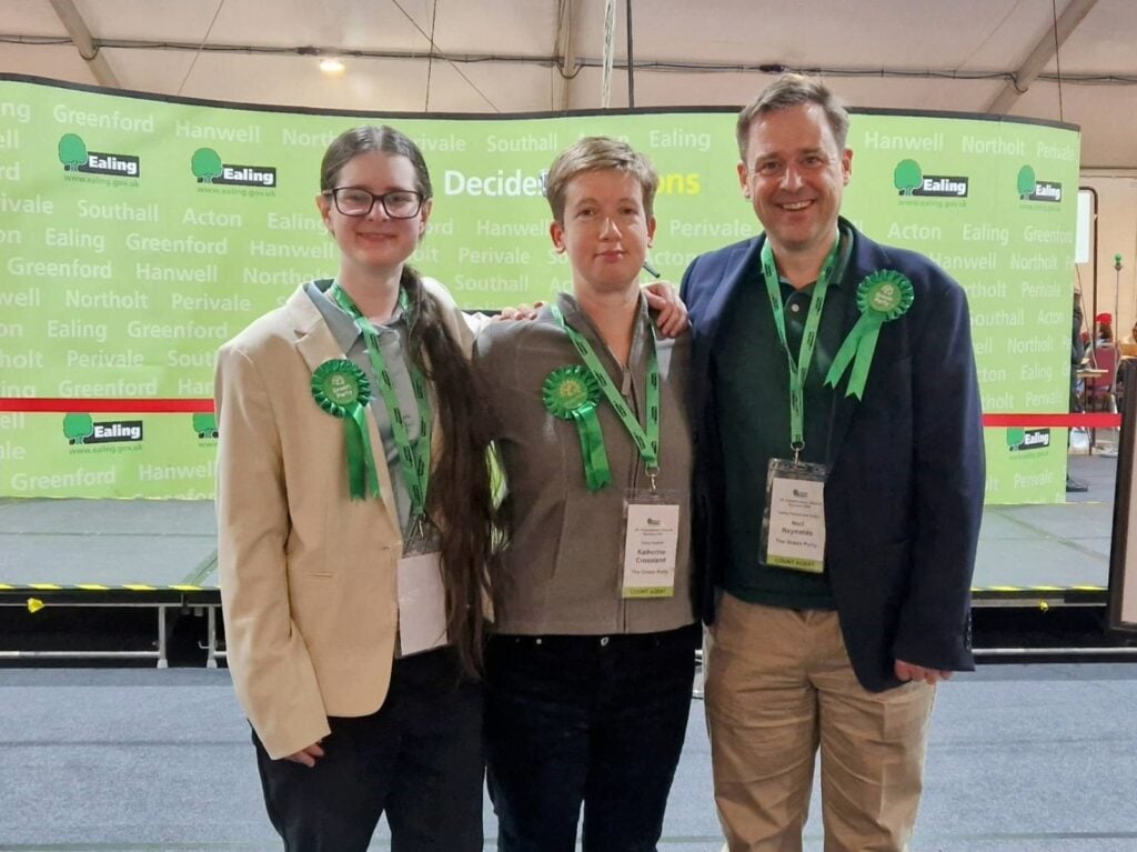 Ealing Green Party general election candidates at the vote count. L-R: Natalia Kubica, Kate Crossland and Neil Reynolds