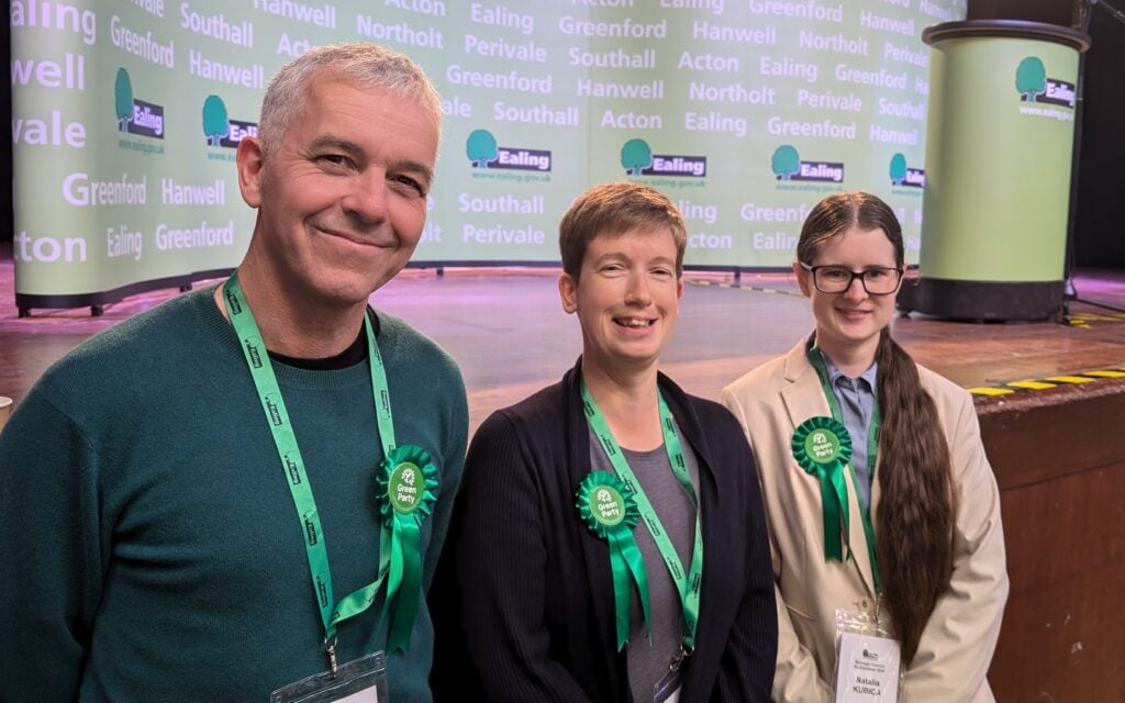 Green Party candidates at the Ealing Council by-elections, October 2024. L-R: Andrew Walkley, Kate Crossland and Natalia Kubica